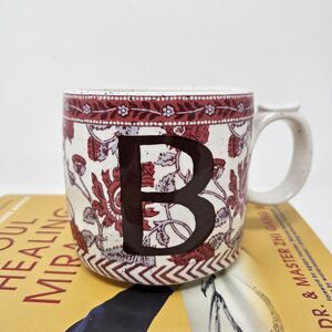 Anthropologie B Mug Pink Floral Speckled Flowers Leaves Vine Rose Green C11